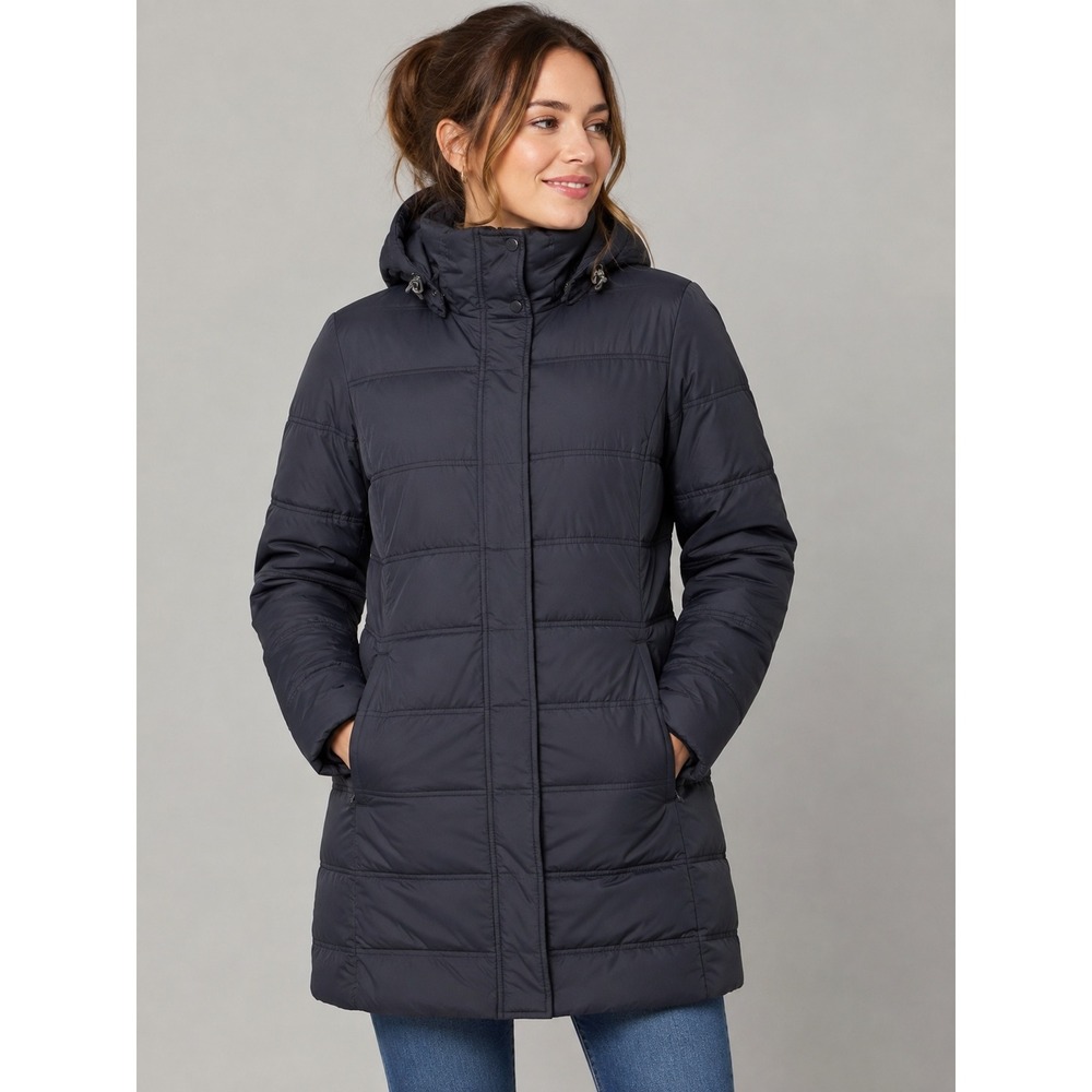 Lands' End Puffer Jacket Women XS Black Hooded Down Fill Quilted Parka Coat